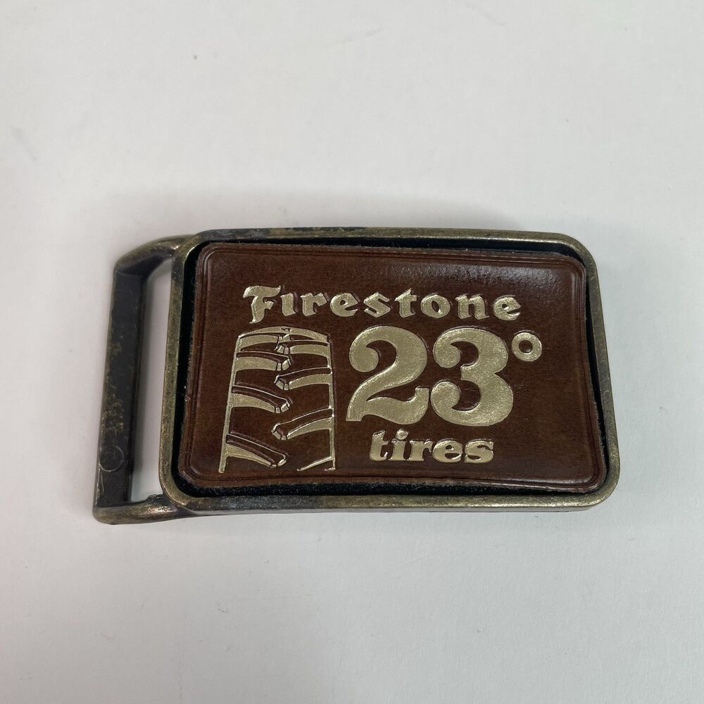 Vintage Firestone 23 Degree Tire Belt Buckle, Metal And Leather,